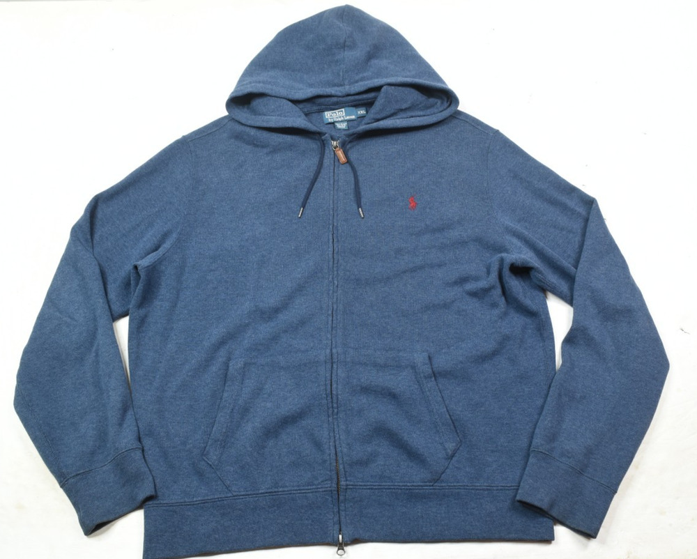 Vintage Polo Ralph Lauren Hoodie Mens 2XL Blue Full-Zip Long Sleeve Cotton